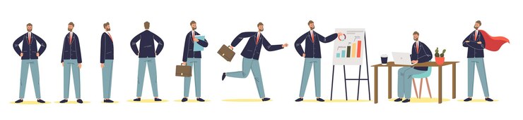 Vettore set di personaggi dei cartoni animati di uomo d'affari in diverse pose in piedi, lavorando, presentando e correndo. uomo d'affari di successo, responsabile dell'ufficio o capo su sfondo bianco. illustrazione vettoriale piatta