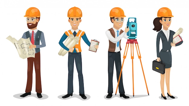 Set di personaggi dei cartoni animati. Illustrazione isolata ingegnere civile, geometra, architetto e muratori.