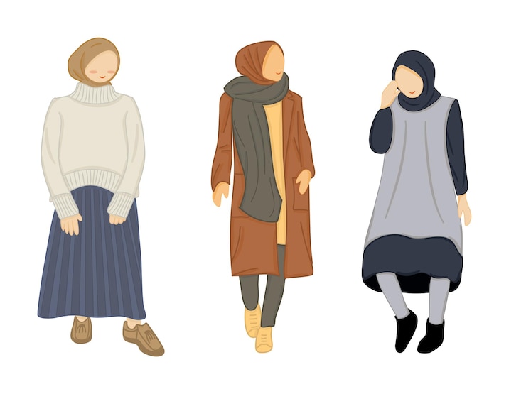 Vettore set di personaggi della collezione muslimah che indossa abiti e hijab moderni