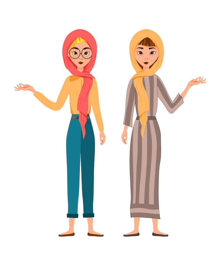 Vettore set di personaggi femminili. le ragazze indicano la mano destra a lato.