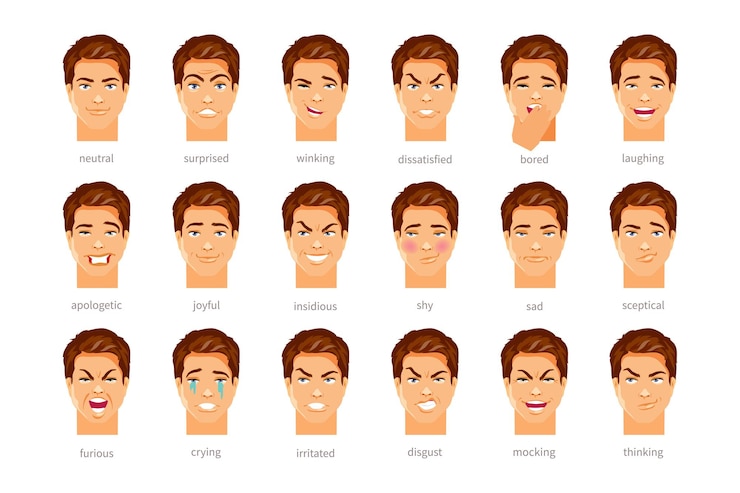 Vettore set di personaggi maschili con diverse emozioni e sentimenti