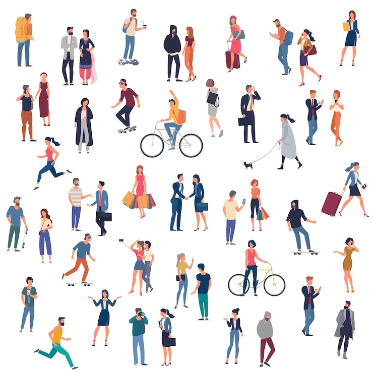 Set di personaggi pronti per l'animazione di persone che svolgono varie attività. Gruppo di personaggi dei cartoni animati di stile design piatto uomini e donne isolati su priorità bassa bianca.