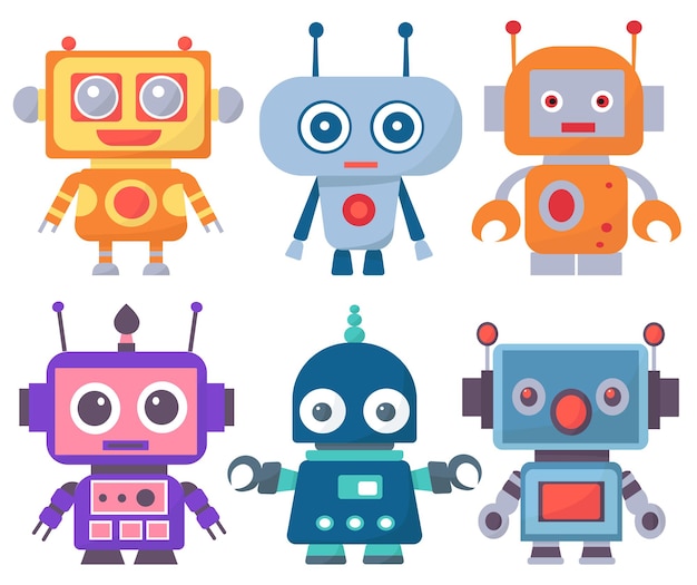Set di personaggi robot in stile doodle vettore isolato