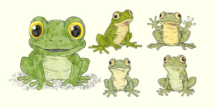 Vettore set di personaggio cartone animato rana disegnato a mano isolato su sfondo bianco illustrazione vettoriale