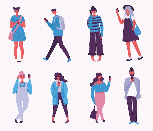 Set di persone che indossano abiti eleganti Uomini e donne alla moda alla settimana della moda Gruppo di personaggi dei cartoni animati maschili e femminili vestiti con abiti alla moda Illustrazione vettoriale piatta