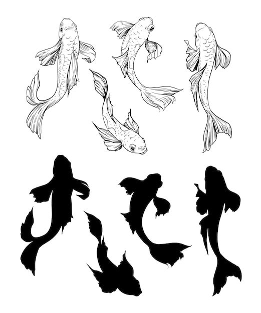 Set di pesci koi. Schizzo disegnato a mano. Illustrazione vettoriale