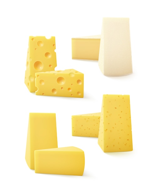 Set di pezzi triangolari di vari tipi di formaggio Swiss Bri Camembert Close up isolati su sfondo bianco