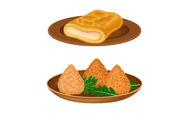 Set di piatti gustosi per la cena Piatti principali serviti sui piatti Illustrazione vettoriale