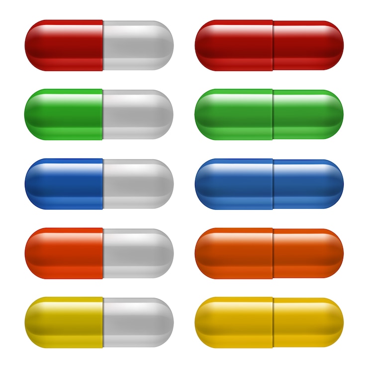 Vettore set di pillole mediche, colori diversi. illustrazione