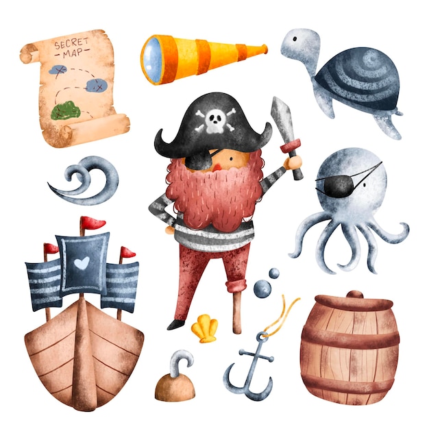 Set di pirati e illustrazione dell'acquerello dell'oceano