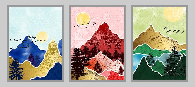 Set di pittura astratta di montagna. sfondo di arte astratta. Vettori premium