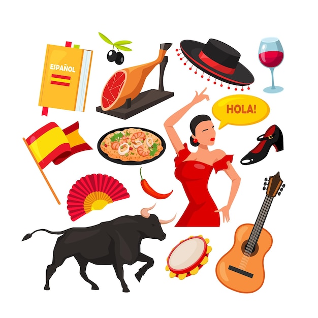 Set di più di 12 simboli spagnoli: toro, chitarra, paella, vino, chitarra, olive, architettura, bandiera,