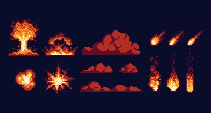 Vettore set di pixel art per l'esplosione di una nuvola di funghi nucleari collezione di comete calde esplosioni di pioggia di fuoco fuliggine