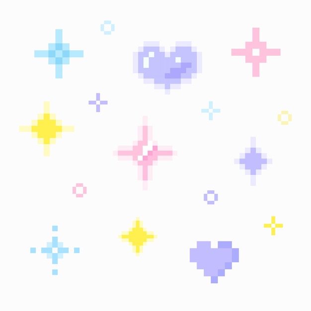 Set di pixel scintillanti Set di pixel scintillanti vettoriali Set di pixel a cuore pastello pixel art Giallo brillante rosa viola blu pixel scintillante