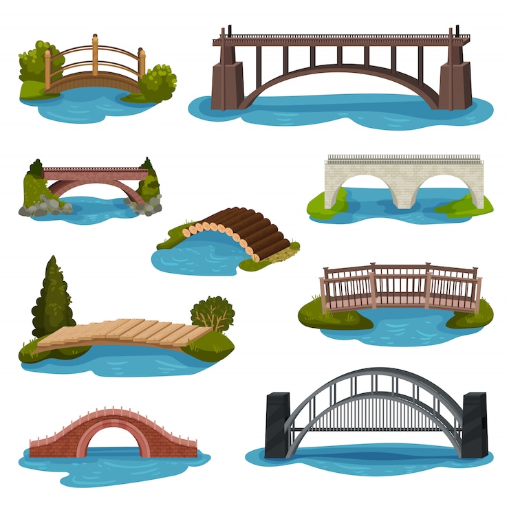 Vettore set di ponti diversi. passerelle di legno, metallo e mattoni. costruzioni per il trasporto. tema di architettura
