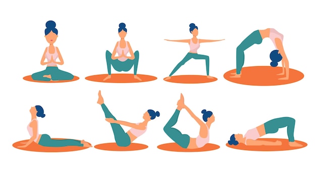 Set di pose yoga Ragazza yogi sul tappetino Movimento sport stile di vita sano Ragazza avatar corpo