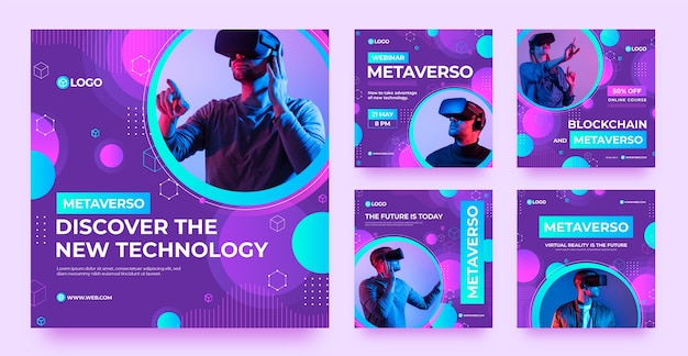 Set di post di instagram del concetto di metaverso sfumato