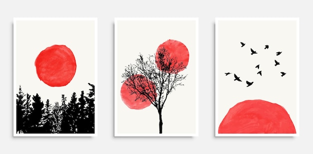 Set di poster Boho Forme disegnate a mano alberi e uccelli