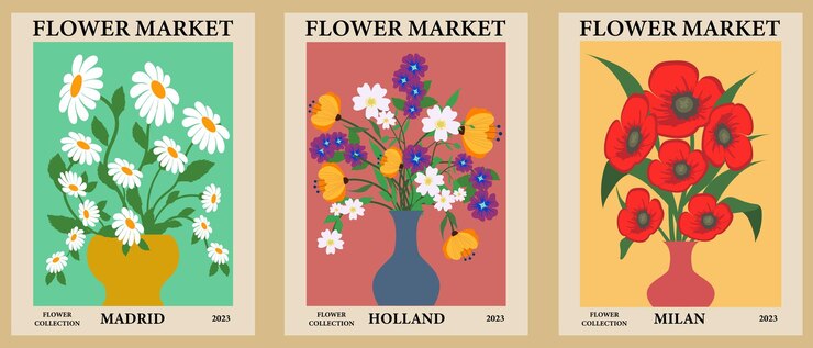 Set di poster botanici in diversi colori con bouquet di fiori Arte per carte arte murale