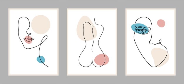 Set di poster con ritratti di donne in stile line art con macchie di colore