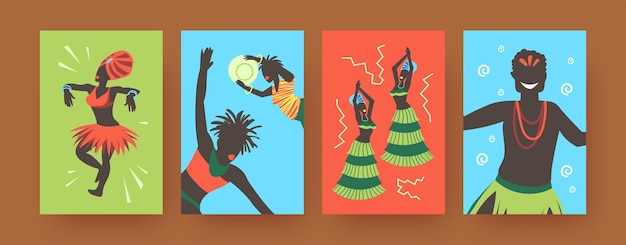 Set di poster di arte contemporanea con ballerini tribali africani. illustrazione.