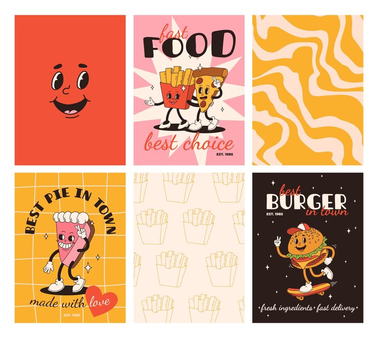 Vettore set di poster di fast food cartoline retrò groovy con personaggi dello street food brochure con hamburger funky groovy patatine fritte soda gelato ciambella torta caffè da asporto consegna fast food