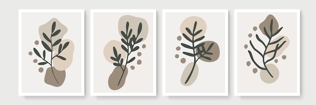 Set di poster in stile boho minimal con foglia tropicale. Decorazioni da parete astratte moderne con disegno artistico al tratto di fogliame