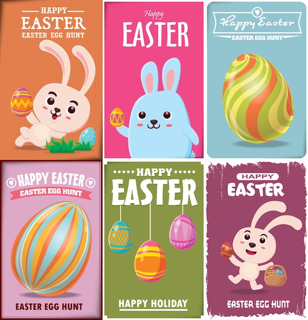 Set di poster vintage per uova di Pasqua con coniglietto di Pasqua