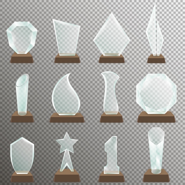 Set di premi per trofei trasparenti in vetro con supporto in legno. Premi trofei in vetro in stile realistico.