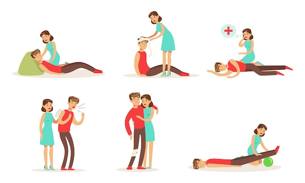 Set di procedure di rianimazione di primo soccorso di emergenza Giovane donna che fornisce i primi soccorsi a un uomo Illustrazione vettoriale di cartoni animati