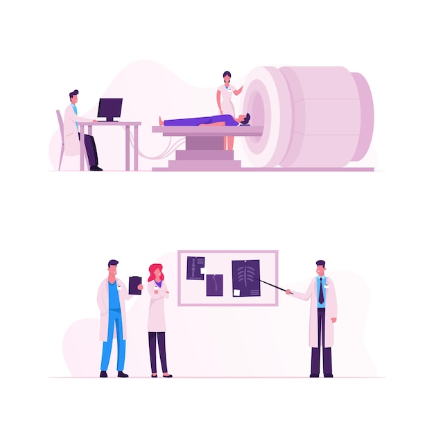Set di procedure di scansione Mri. Medici che esaminano i risultati della scansione del corpo del paziente sullo schermo del monitor. Cartoon illustrazione piatta