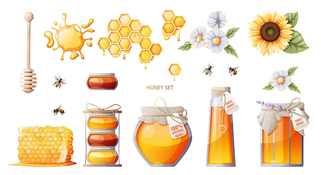 Set di prodotti a base di mielevaso di favi di miele fiori di girasole margherite api e cucchiaio di miele