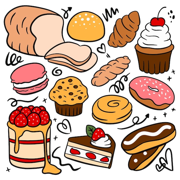 Set di prodotti da forno e pasticceria in stile Doodle illustrazione vettoriale