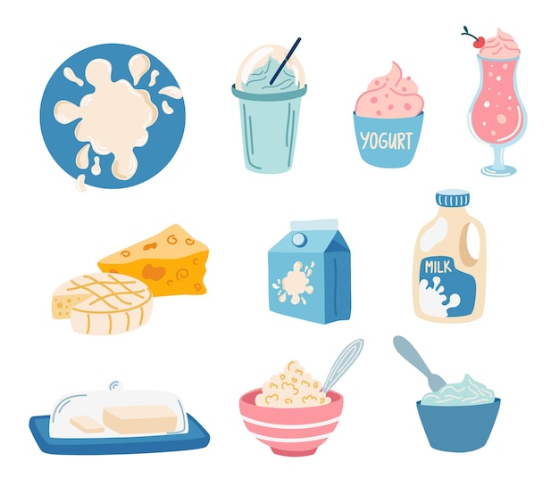 Set di prodotti lattiero-caseari Latte yogurt formaggio burro frappè gelato panna montata Fattoria cibo naturale Vector mano disegnare illustrazione icona piatta isolata su bianco