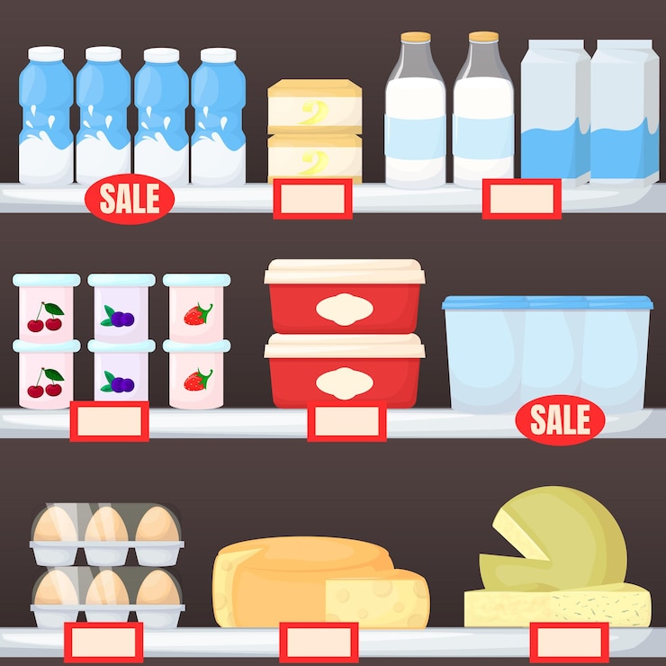 Vettore set di prodotti lattiero-caseari sugli scaffali dei supermercati formaggio burro d'uovo e yogurt vettore di cartone animato