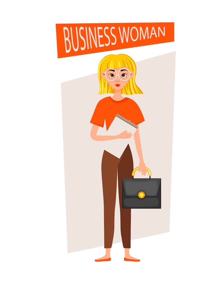 Vettore set di progettazione di caratteri di lavoro donna d'affari. la ragazza tiene una valigetta e una cartella. illustrazione vettoriale.