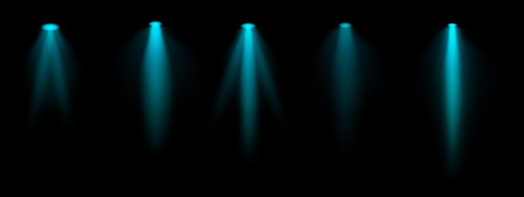 Vettore set di proiettori blu più fasce focalizzate illuminazione montata sul soffitto illuminazione del palco bianca brillante illuminazione moderna illuminazione design decorazione minimalista configurazione professionale