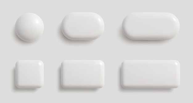 Set di pulsanti 3D monocromatici bianchi in forme diverse Badge quadrati e rettangolari rotondi lucidi vuoti