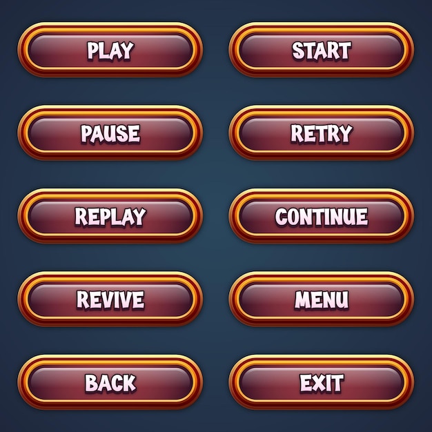 Set di pulsanti di gioco marroni per giochi mobili con effetti di testo modificabili gui per costruire giochi 2d