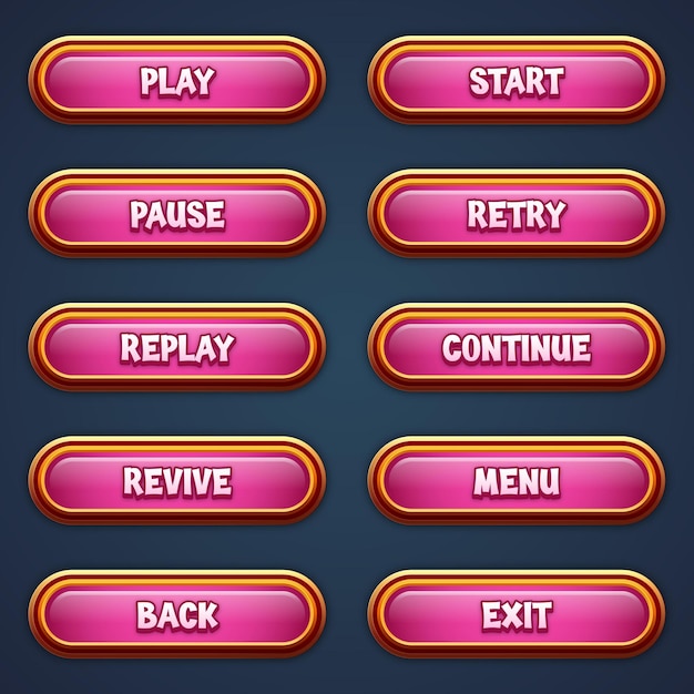 Set di pulsanti di gioco rosa per giochi mobili con effetti di testo modificabili gui per costruire giochi 2d