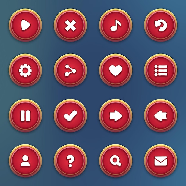 Set di pulsanti rossi per giochi mobili interfaccia di gioco rosso cartone animato ui pulsanti set ui elementi