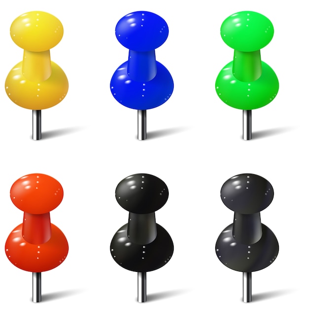 Set di puntine realistiche in diversi colori. puntine da disegno