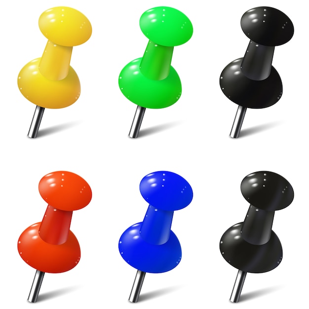 Set di puntine realistiche in diversi colori. puntine da disegno