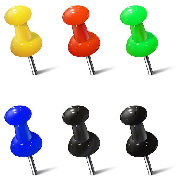 Set di puntine realistiche in diversi colori. puntine da disegno