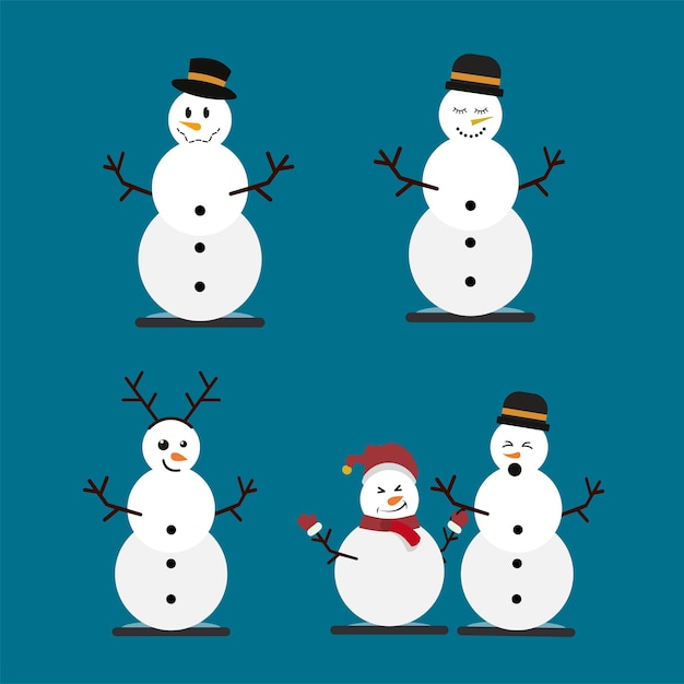 Set di pupazzo di neve vacanze invernali. Pupazzi di neve allegri in diversi costumi.