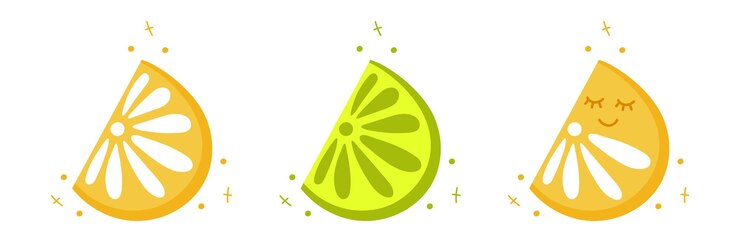 Vettore set di quarto di fetta di lime arancione isolato su illustrazione vettoriale bianca in stile doodle carino piatto