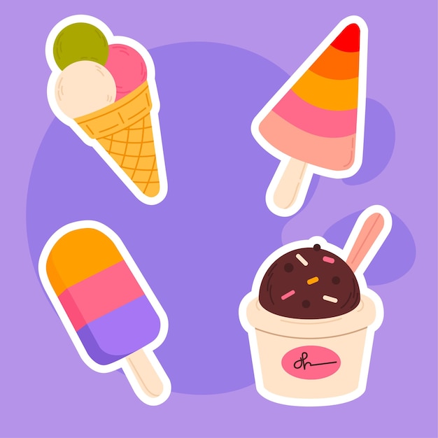 Set di quattro adesivi colorati per il gelato, compresi i coni e la tazza su sfondo viola
