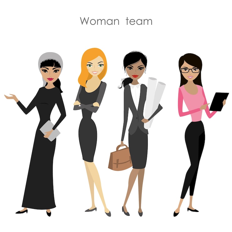 Vettore set di quattro donne d'affari fumetto femminile squadra signora di razze diverse isolate su priorità bassa bianca