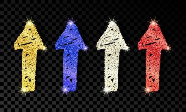 Set di quattro frecce disegnate a mano doodle con effetto glitter oro argento blu e rosso su sfondo scuro trasparente Illustrazione vettoriale