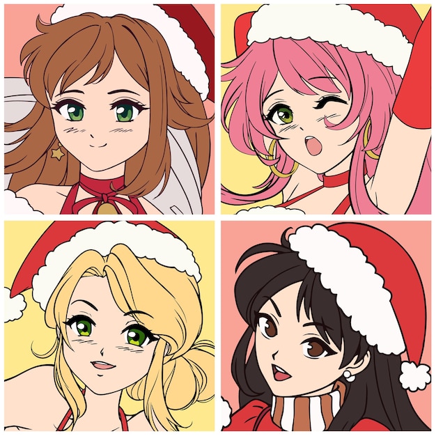 Set di quattro icone anime con ragazze che indossano il costume di Natale.